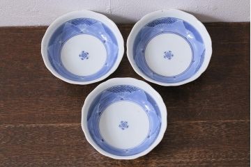 アンティーク雑貨　江戸期　古伊万里　染付　扇面図　なます皿3枚セット(深皿)(R-041120)