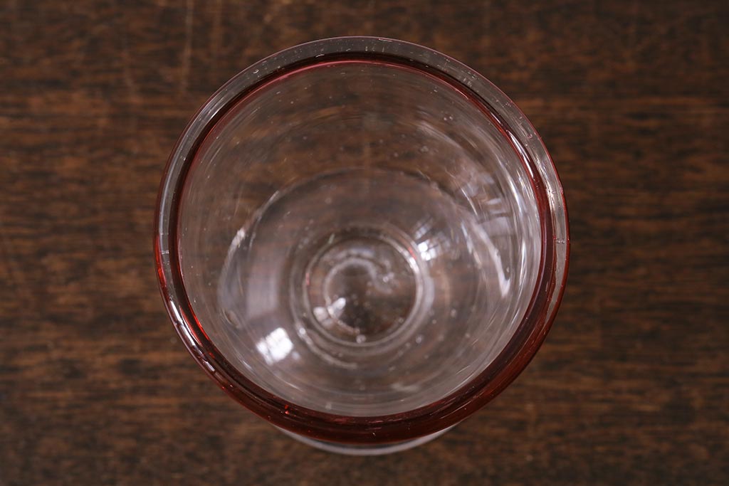 アンティーク雑貨　レトロ　大正期　なつめ形　赤縁氷コップ(吹ガラス)(R-041126)