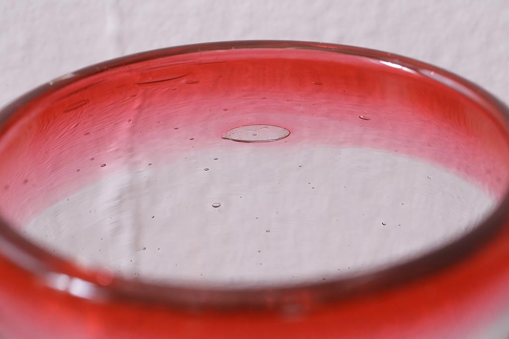 アンティーク雑貨　レトロ　大正期　なつめ形　赤縁氷コップ(吹ガラス)(R-041126)