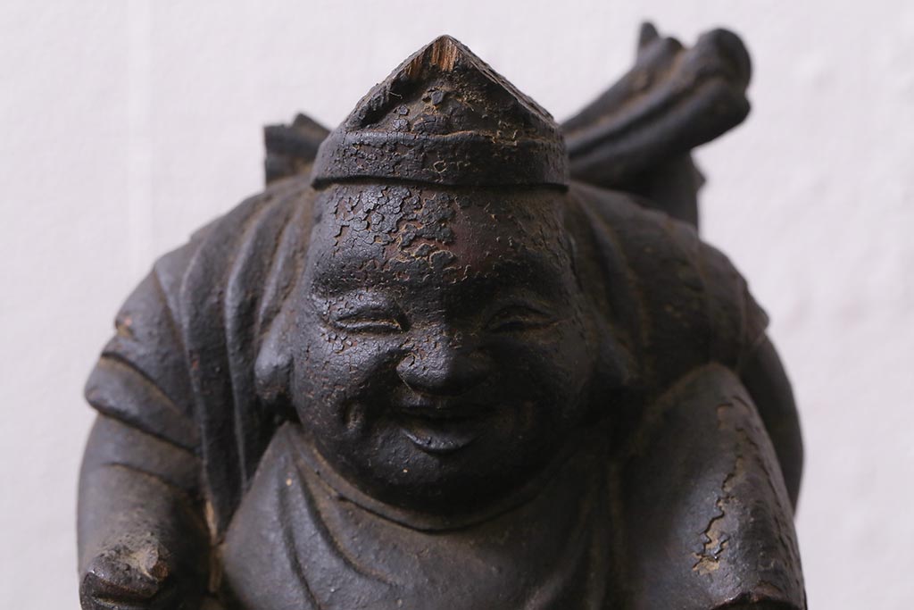 アンティーク雑貨　江戸明治期　恵比寿天・大黒天　木彫りの置物(ディスプレイ、七福神)(R-041130)