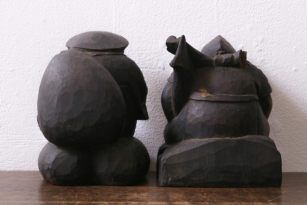 アンティーク雑貨　江戸明治期　恵比寿天・大黒天　木彫りの置物(ディスプレイ、七福神)(R-041130)