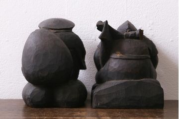アンティーク雑貨　江戸明治期　恵比寿天・大黒天　木彫りの置物(ディスプレイ、七福神)(R-041130)