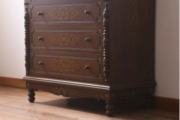 ヴィンテージ家具　ヨーロッパビンテージ　輸入家具　象嵌と挽き物細工が目を引くライティングビューロー(簿記机、在宅ワーク、在宅用ワークデスク、机、在宅ワーク、在宅用引き出し)(R-041133)