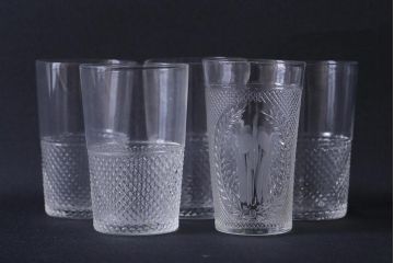 アンティーク雑貨　レトロ　プレスガラス　菖蒲(アヤメ)他　グラス5個セット(コップ、和ガラス)(R-041139)