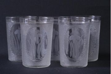 アンティーク雑貨　レトロ　プレスガラス　菖蒲(アヤメ)　グラス5個セット(コップ、和ガラス)(R-041140)