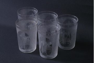 アンティーク雑貨　レトロ　プレスガラス　菖蒲(アヤメ)　グラス5個セット(コップ、和ガラス)(R-041140)