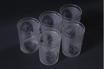 アンティーク雑貨　レトロ　プレスガラス　菖蒲(アヤメ)　グラス5個セット(コップ、和ガラス)(R-041140)