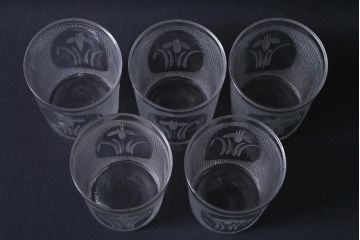 アンティーク雑貨　レトロ　プレスガラス　菖蒲(アヤメ)　グラス5個セット(コップ、和ガラス)(R-041140)