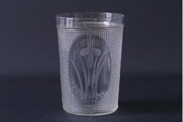 アンティーク雑貨　レトロ　プレスガラス　菖蒲(アヤメ)　グラス5個セット(コップ、和ガラス)(R-041140)