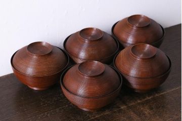 塗師　岡本陽斎　鶴蒔絵煮物椀5客セット　共箱付き(木製椀、漆器)(R-041141)