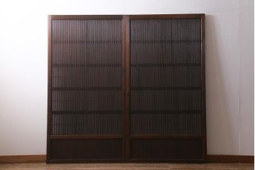 アンティーク建具　昭和中期　裏障子付き　上質な和の空間を演出する格子戸2枚セット(引き戸、建具)(R-041151)
