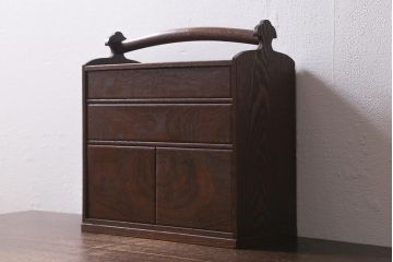 アンティーク雑貨　指物家具　桑材・中桐材　持ち運びにも便利な持ち手付き裁縫箱(ソーイングボックス、小引き出し、小物収納)(R-041162)