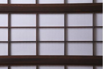 アンティーク建具　昭和中期　結霜・ダイヤガラス入り　裏障子付き　レトロモダンな雰囲気が魅力の格子戸2枚セット(引き戸、ガラス帯戸)(R-041165)
