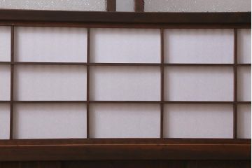 アンティーク建具　昭和中期　結霜・ダイヤガラス入り　裏障子付き　レトロモダンな雰囲気が魅力の格子戸2枚セット(引き戸、ガラス帯戸)(R-041165)