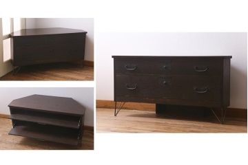 ラフジュ工房オリジナル　古金具リメイク　前板栗材　ヒノキ材　フラップダウン扉が使いやすい脚付きコーナーテレビ台(キャビネット、テレビボード、収納棚)(R-041171)