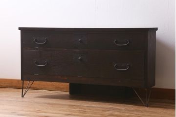 ラフジュ工房オリジナル　古金具リメイク　前板栗材　ヒノキ材　フラップダウン扉が使いやすい脚付きコーナーテレビ台(キャビネット、テレビボード、収納棚)(R-041171)