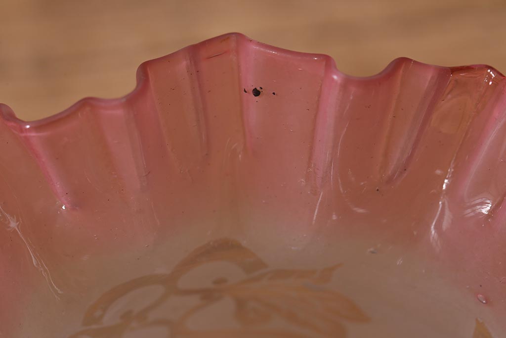 ビンテージ照明　フランスヴィンテージ　エッチングガラスとフリルシェードがおしゃれなペンダントライト(天井照明、シェード、吊り下げ照明)(R-04177)