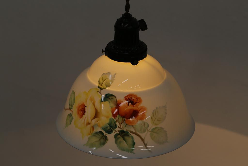 アンティーク家具　オールドノリタケ・則武(日陶)　ローズ(薔薇)　鮮やかな絵柄が目を引く電笠(天井照明、シェード)(R-041178)