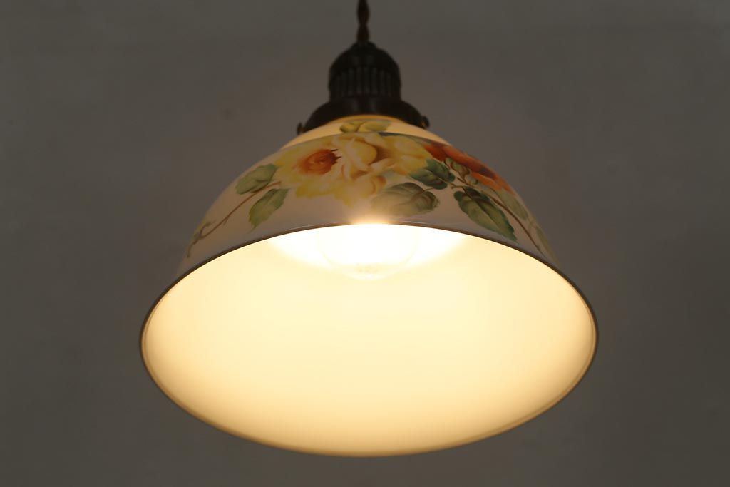 アンティーク家具　オールドノリタケ・則武(日陶)　ローズ(薔薇)　鮮やかな絵柄が目を引く電笠(天井照明、シェード)(R-041178)