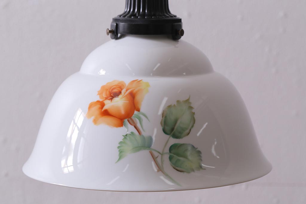 アンティーク家具　オールドノリタケ・則武(日陶)　ローズ(薔薇)　鮮やかな絵柄が目を引く電笠(天井照明、シェード)(R-041178)