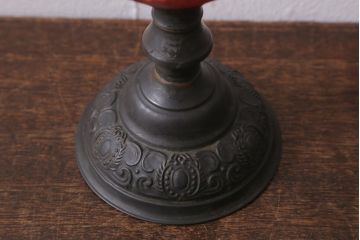 アンティーク雑貨　明治大正　グラビュール(グラヴュール)　金魚鉢型　チューリップ型　赤縁　フリルガラスのオイルランプ(洋燈、台ランプ)(R-041183)