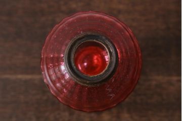アンティーク雑貨　明治大正　グラビュール(グラヴュール)　金魚鉢型　チューリップ型　赤縁　フリルガラスのオイルランプ(洋燈、台ランプ)(R-041183)