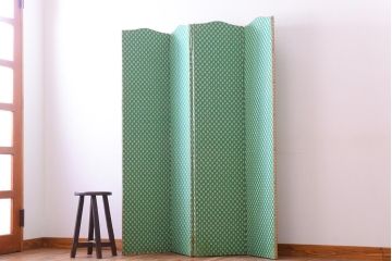 アンティーク家具　フランスアンティーク　ミントグリーンが可愛らしい四連パーテーション(ルームスクリーン、ドレッシングスクリーン)(R-041217)