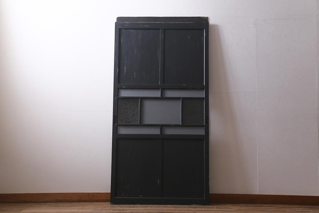 アンティーク建具　大正期　結霜・すりガラス入り　ノスタルジックな雰囲気が漂うペイントガラス戸1枚(引き戸)(R-041221)