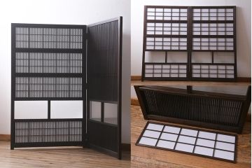 アンティーク建具　古建具リメイク　裏障子付き　格子戸をリメイクしたパーテーション(衝立、つい立て、仕切り)(R-041222)