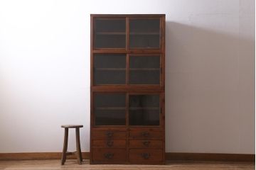 和製アンティーク家具　昭和初期　ヒノキ材　古い木のレトロな重ね戸棚(収納棚、食器棚、キャビネット)(R-041225)