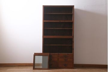 和製アンティーク家具　昭和初期　ヒノキ材　古い木のレトロな重ね戸棚(収納棚、食器棚、キャビネット)(R-041225)