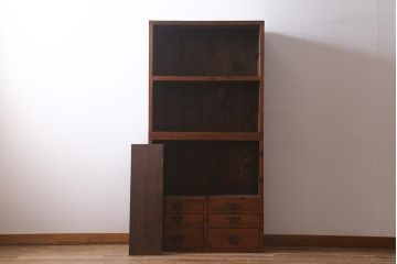 和製アンティーク家具　昭和初期　ヒノキ材　古い木のレトロな重ね戸棚(収納棚、食器棚、キャビネット)(R-041225)