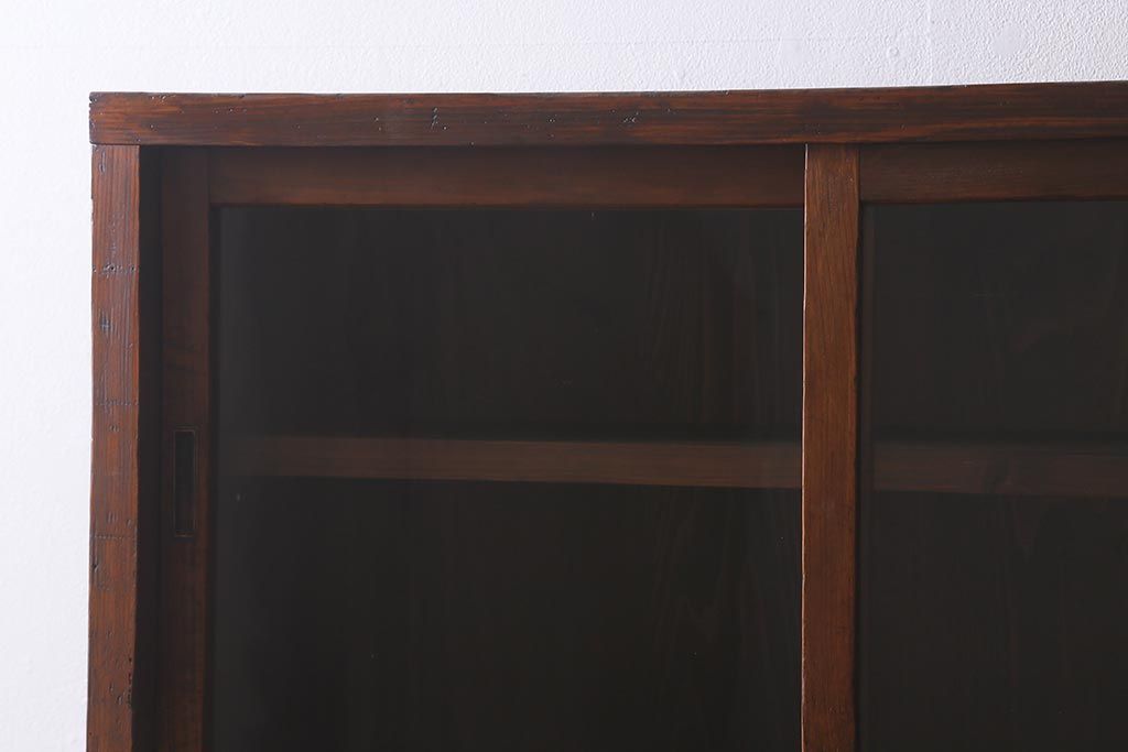 和製アンティーク家具　昭和初期　ヒノキ材　古い木のレトロな重ね戸棚(収納棚、食器棚、キャビネット)(R-041225)