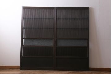 アンティーク建具　和製アンティーク　昭和初期　結霜ガラス　細かな格子が目を引く万本格子戸2枚セット(引き戸、建具)(R-041227)