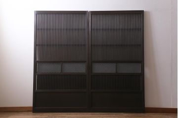 アンティーク建具　和製アンティーク　当店オリジナルガラス　昭和初期　整然と並ぶ格子が繊細な万本格子戸2枚セット(引き戸、建具)(R-041229)