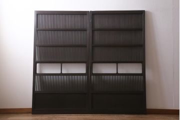 アンティーク建具　和製アンティーク　当店オリジナルガラス　昭和初期　整然と並ぶ格子が繊細な万本格子戸2枚セット(引き戸、建具)(R-041229)