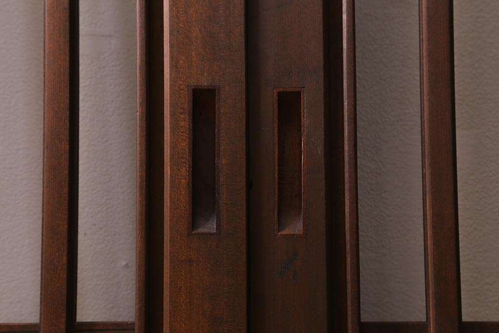 レトロ建具　昭和中期　和製アンティーク　ヒノキ材　上品な佇まいの格子戸2枚セット(建具、引き戸、玄関戸)(R-041239)注・こちらの商品はガラスは入っていません。