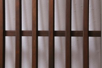 レトロ建具　昭和中期　和製アンティーク　ヒノキ材　上品な佇まいの格子戸2枚セット(建具、引き戸、玄関戸)(R-041239)注・こちらの商品はガラスは入っていません。
