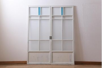アンティーク建具　ペイント　色ガラス　爽やかな色合いが魅力的なガラス戸2枚セット(引き戸、建具)(R-041264)