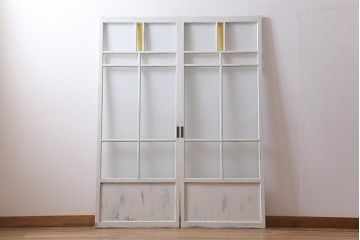 アンティーク建具　ペイント　色ガラス　やさしい雰囲気が漂うガラス戸2枚セット(引き戸、建具)(R-041265)