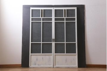 アンティーク建具　ペイント　色ガラス　やさしい雰囲気が漂うガラス戸2枚セット(引き戸、建具)(R-041265)