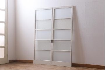 レトロ建具　ダイヤガラス・すりガラス　清潔感漂うホワイトペイントのガラス戸2枚セット(引き戸、建具)(R-041266)