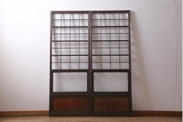 アンティーク建具　当店オリジナルガラス　昭和初期　花菱模様のガラスがレトロなガラス戸2枚セット(引き戸、建具)(R-041269)