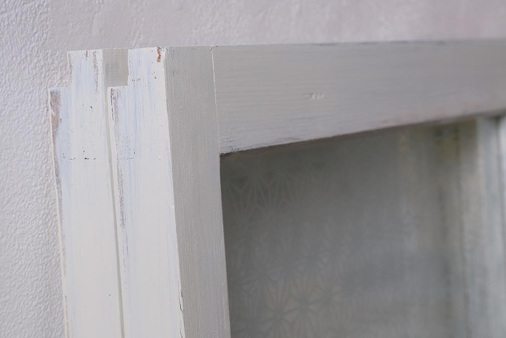 アンティーク建具　和製アンティーク　当店オリジナルガラス　麻の葉・すりガラス　シャビーなペイントが魅力的なガラス戸2枚セット　(R-041270)