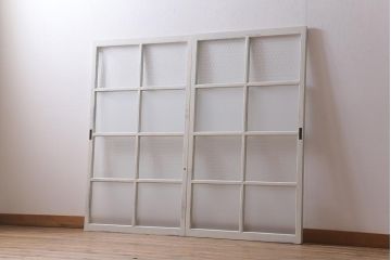 アンティーク建具　和製アンティーク　当店オリジナルガラス　麻の葉・すりガラス　シャビーなペイントが魅力的なガラス戸2枚セット(引き戸、建具)(R-041270)