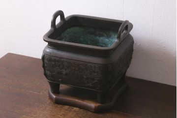 アンティーク雑貨　明治期　古銅耳付火鉢(中国香炉)(R-041283)