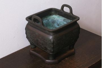 アンティーク雑貨　明治期　古銅耳付火鉢(中国香炉)(R-041283)