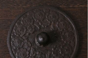 ビンテージ雑貨　桜模様　古い南部鉄瓶(鉄急須、茶道具)(R-041284)