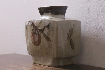 アンティーク雑貨　益子焼　佐久間藤太郎　乳白釉柿絵　扁壷(共箱)(R-041289)