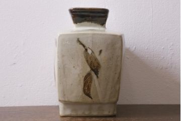 アンティーク雑貨　益子焼　佐久間藤太郎　乳白釉柿絵　扁壷(共箱)(R-041289)